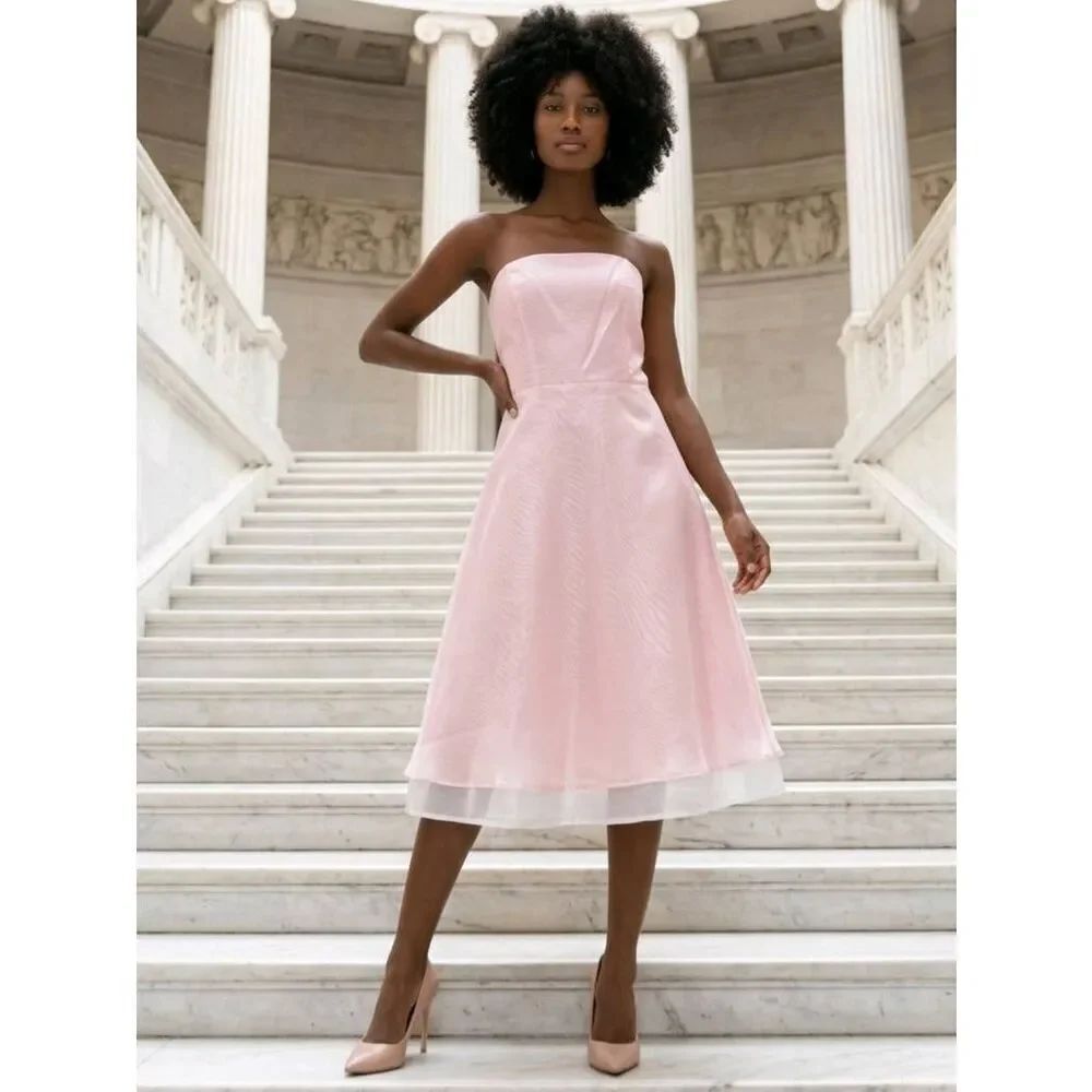 🍑Vintage After Six Pink Organza Strapless Belted Cocktail Dress Size 8
